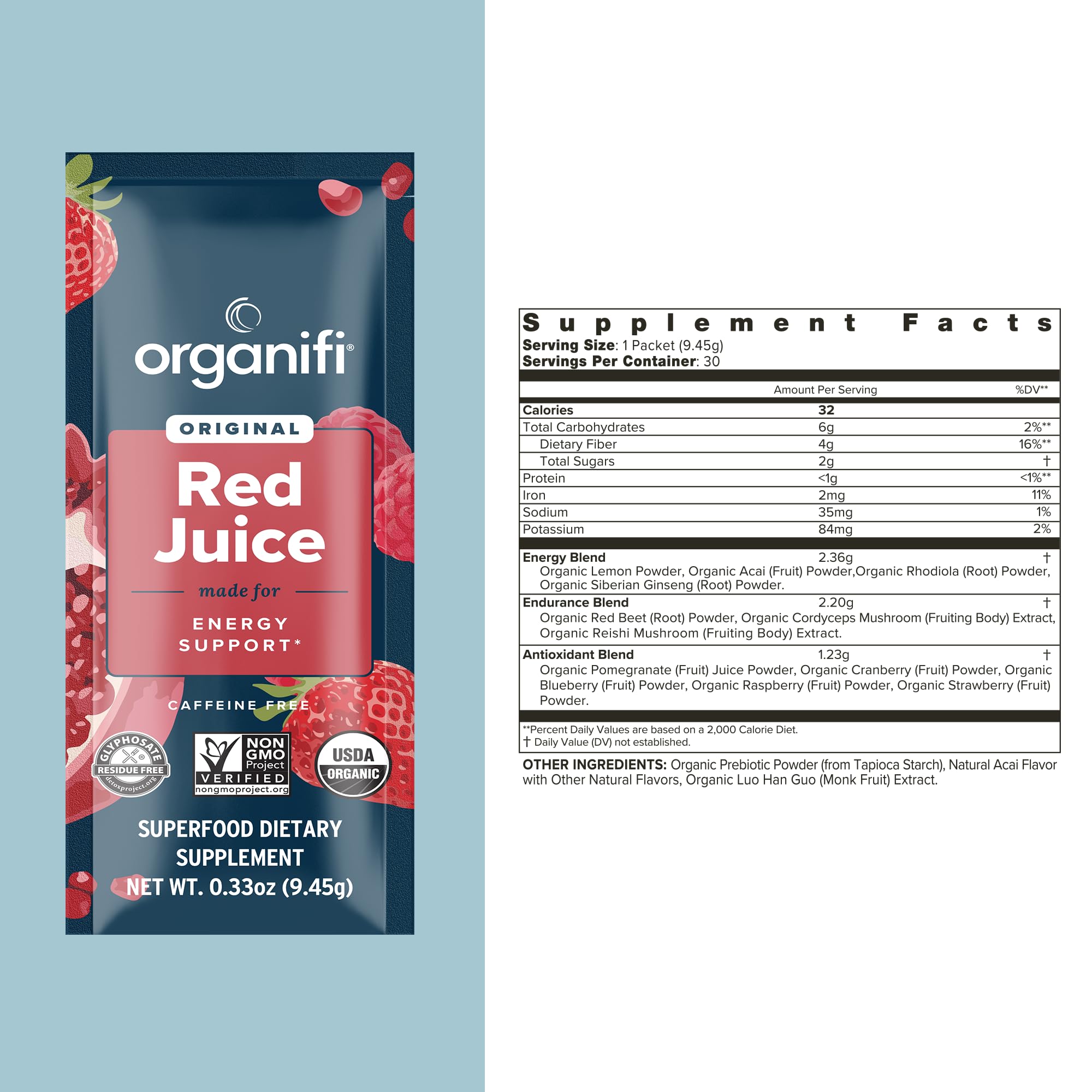 Organifi Red Juice smoothie mix ready to blend into a health drink