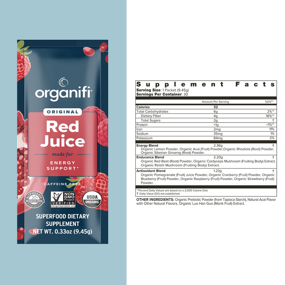 Organifi Red Juice smoothie mix ready to blend into a health drink