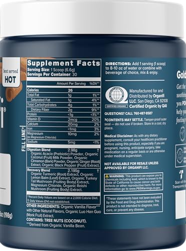 Close-up of Organifi Gold label with turmeric and reishi