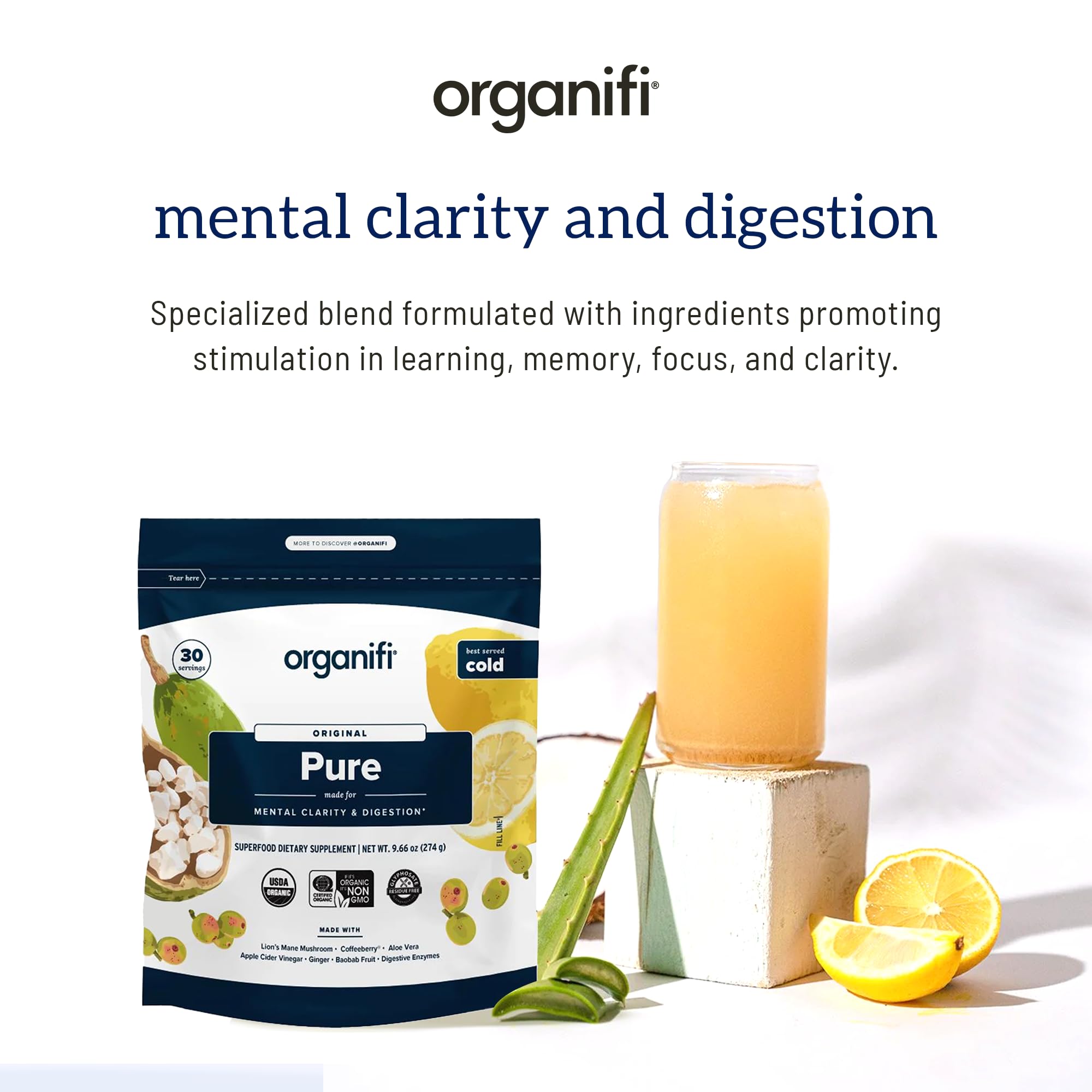 Display showing 30 servings on Organifi Pure packaging