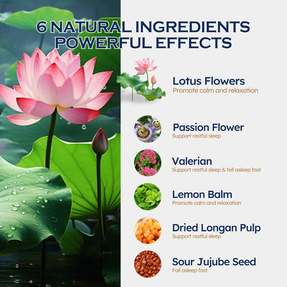 Lotus Flowers, Passion Flower, Valerian and Lemon Balm ingredients
