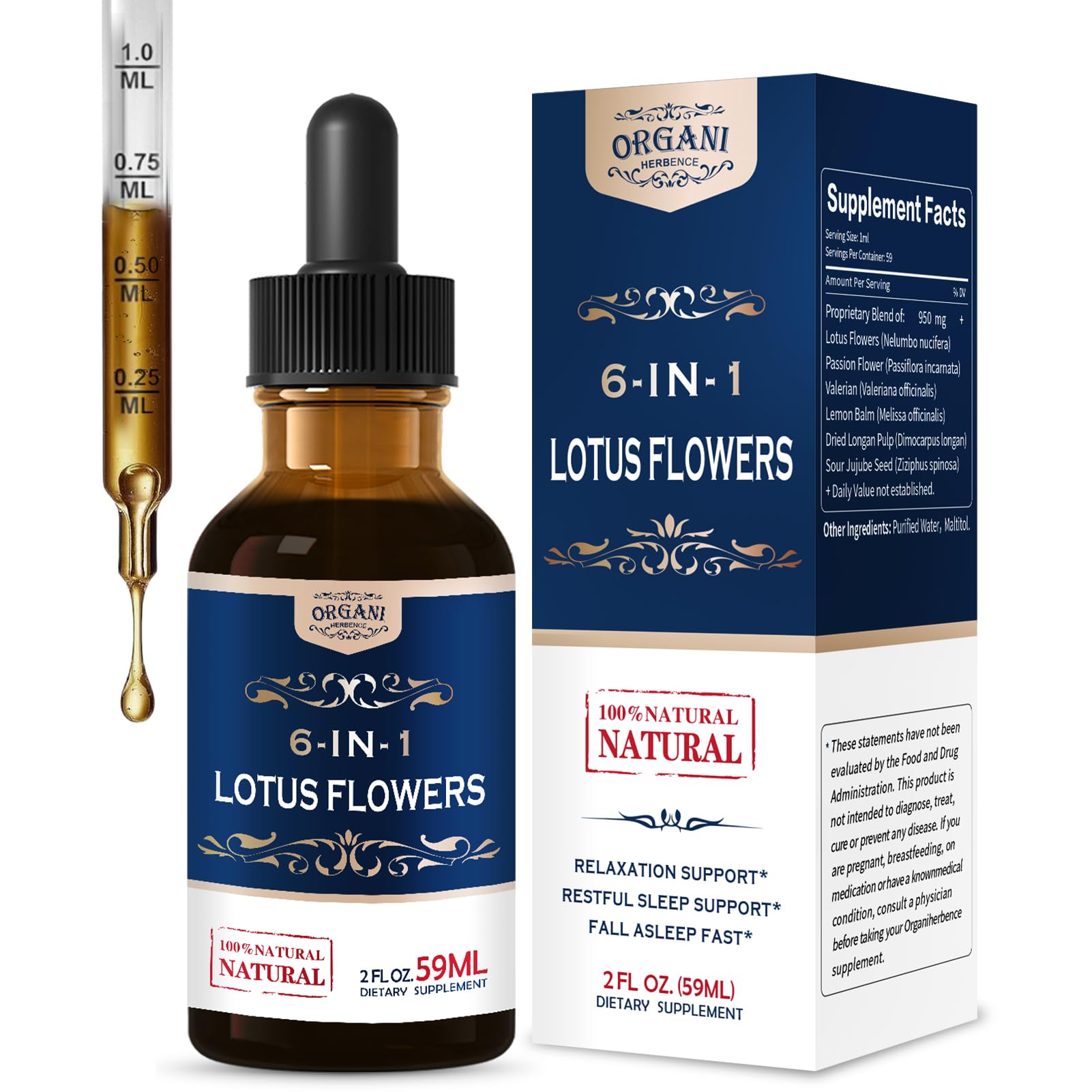 ORGANIHERBENCE Lotus Flowers Extract Drops bottle with 2oz label