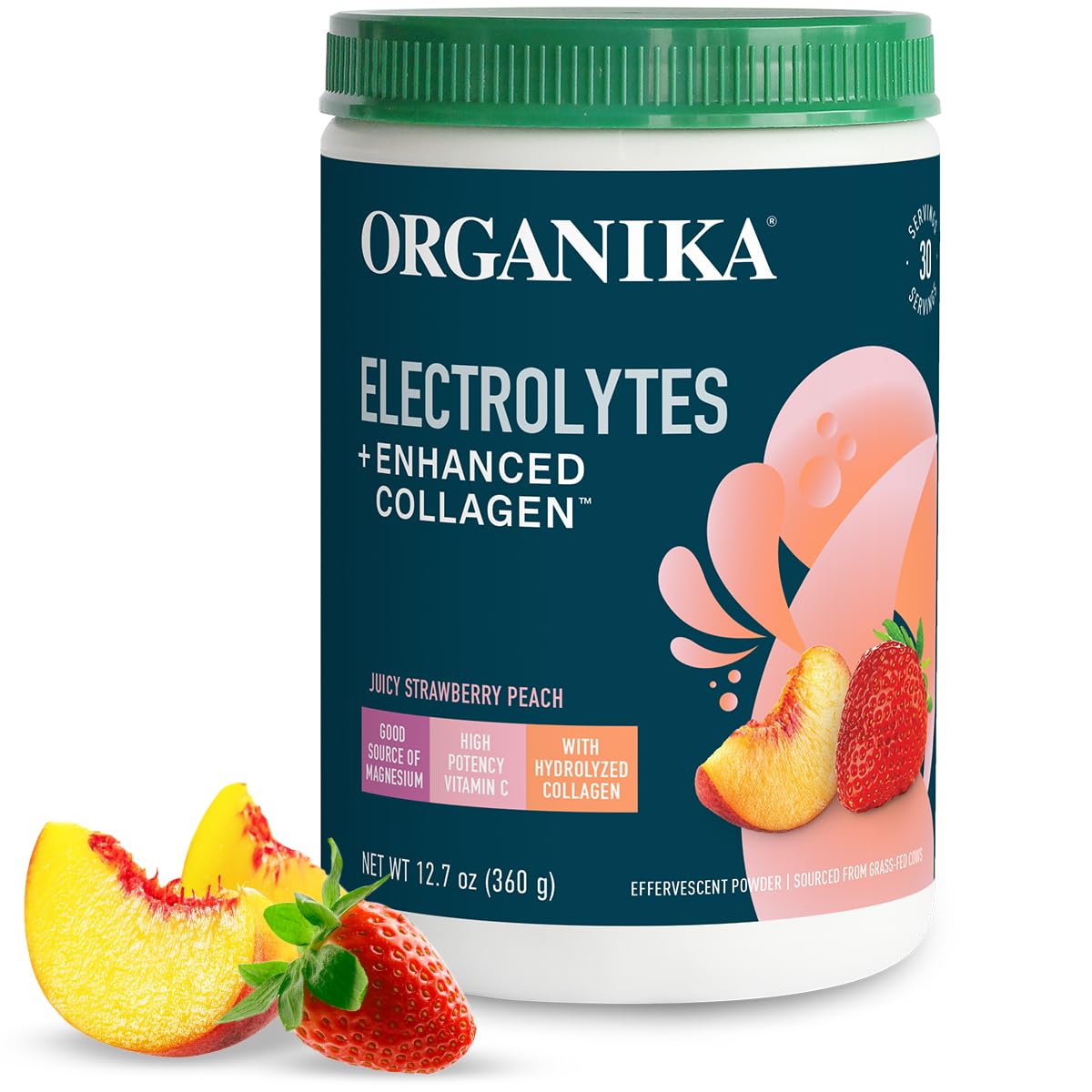 Front view of Organika Electrolytes with Collagen – Strawberry Peach flavor