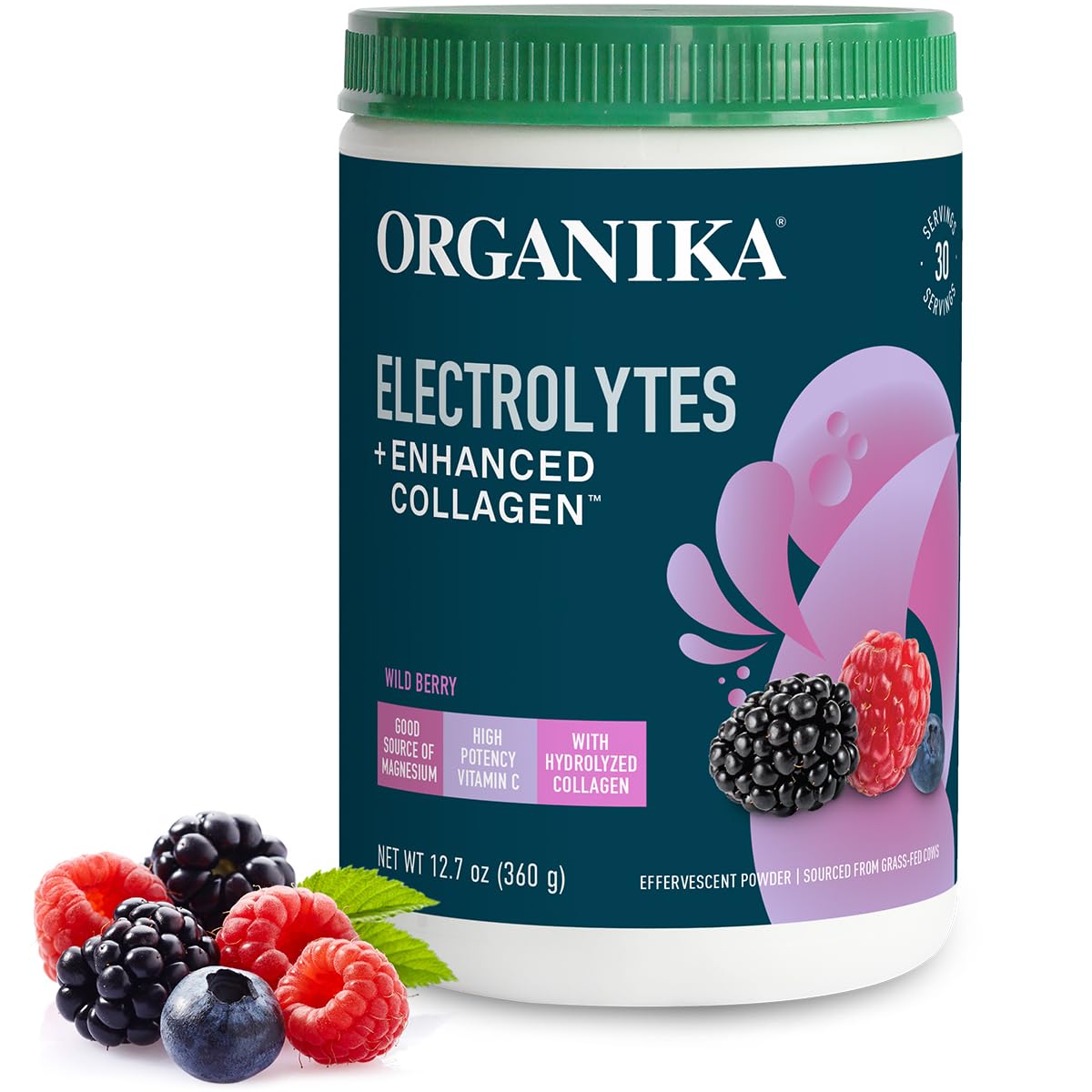 Organika Electrolytes with Enhanced Collagen Wild Berry 13 oz container front view