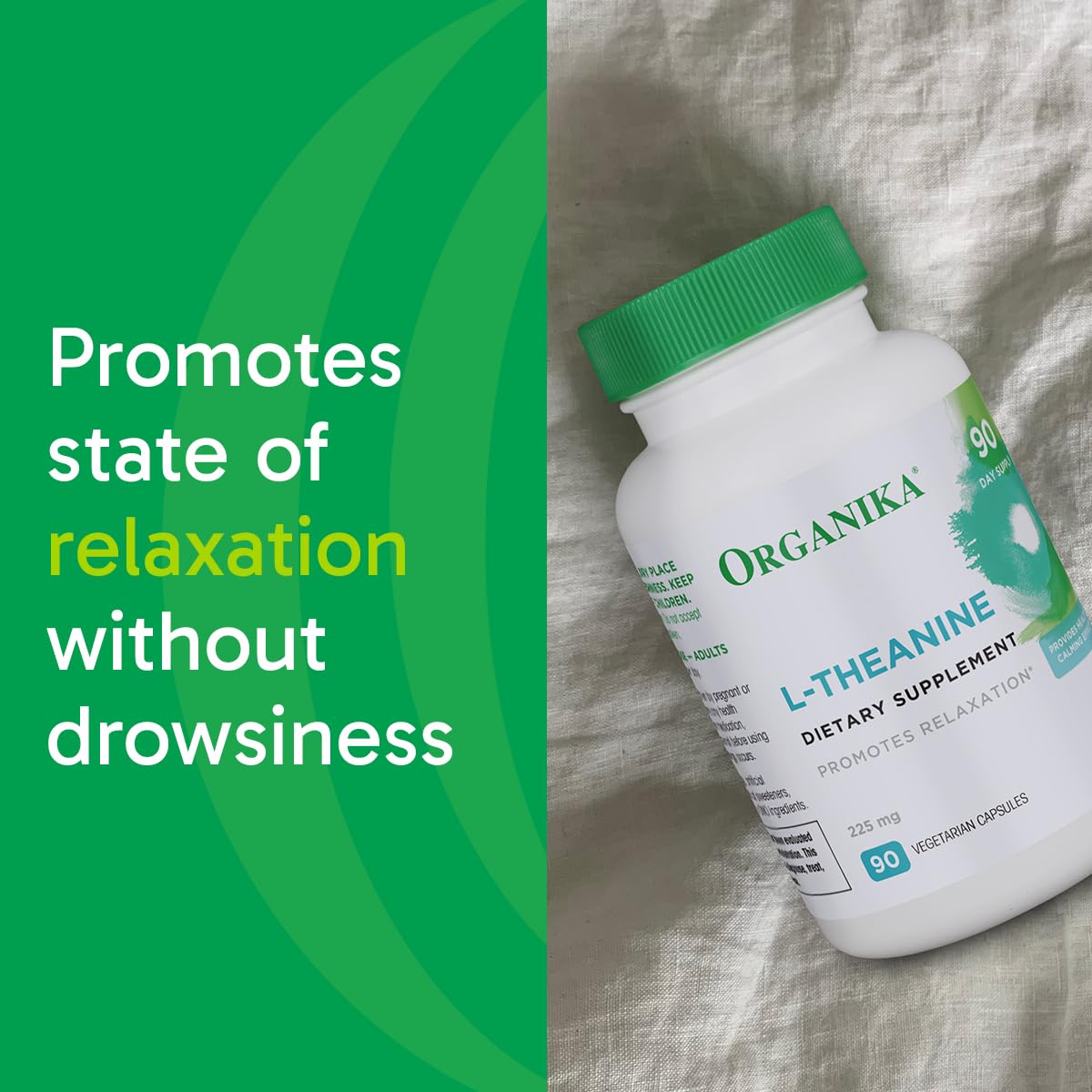 Inside view of Organika L-Theanine bottle with capsules