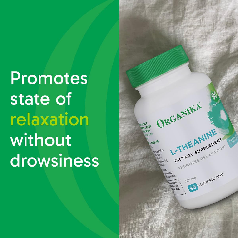 Inside view of Organika L-Theanine bottle with capsules