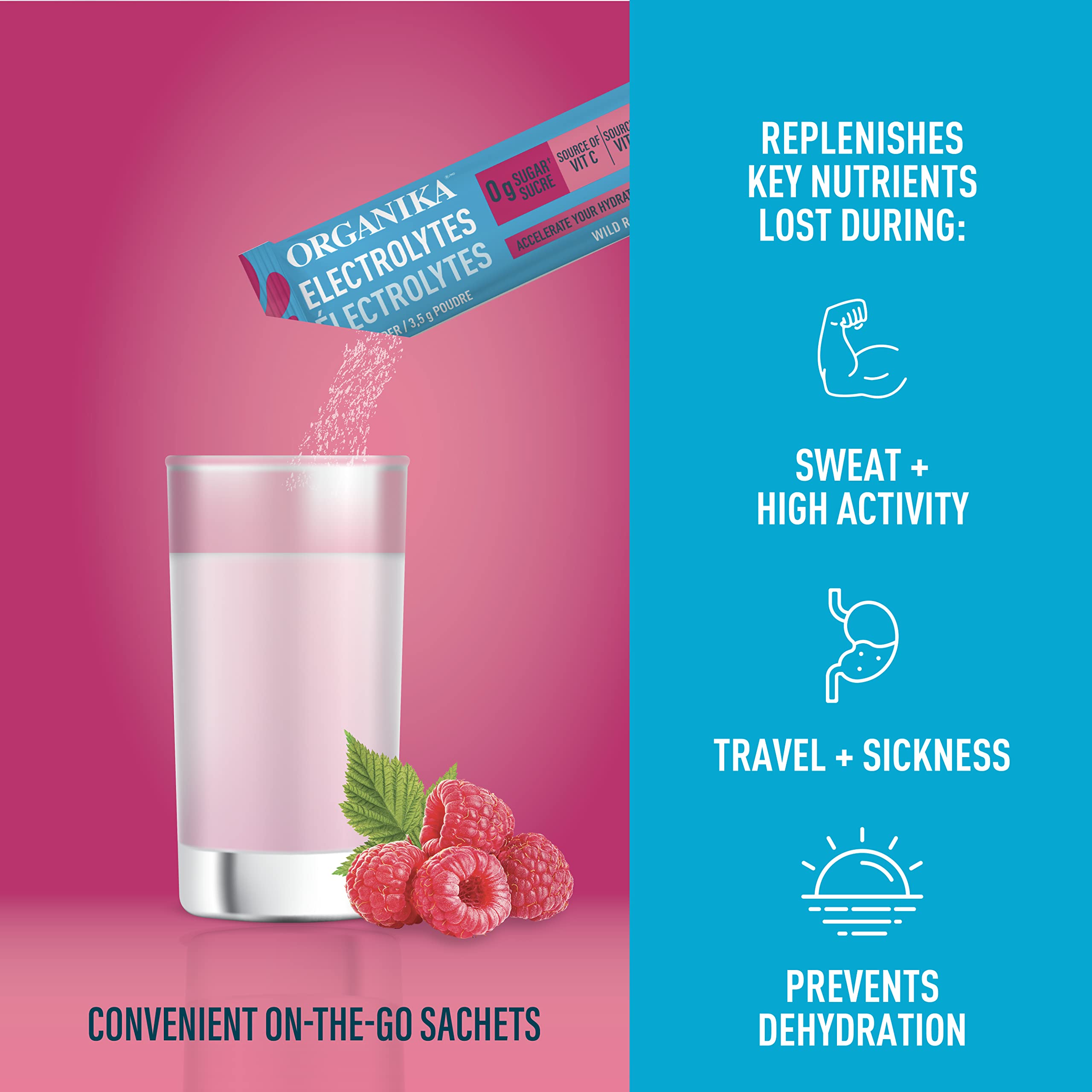 Organika Raspberry powder dissolving in water for quick hydration after activity
