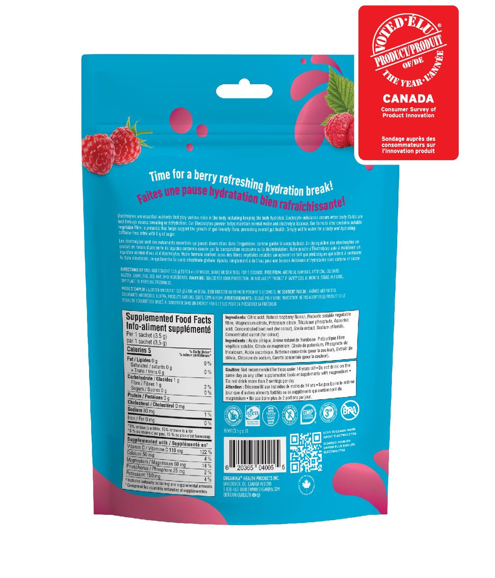 Organika Raspberry electrolyte label close-up emphasizing vitamin C coverage