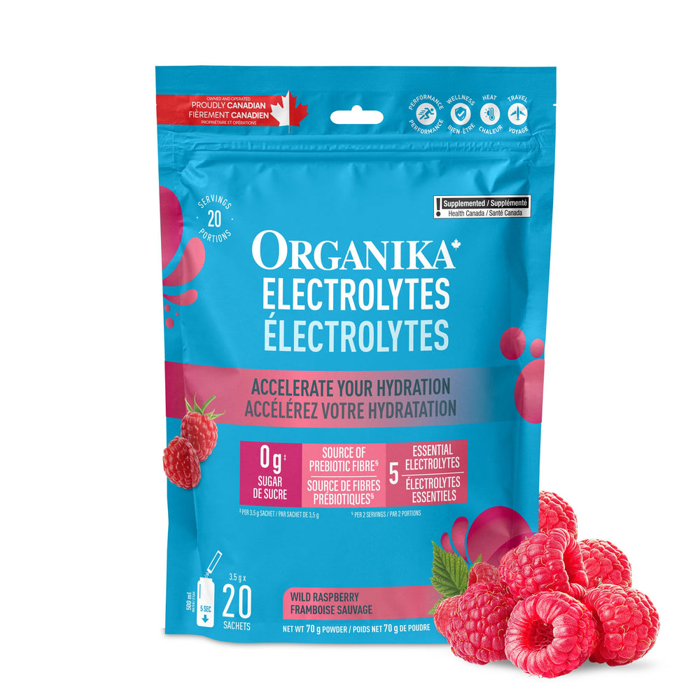 Organika Pure Electrolytes Raspberry tub front showing sugar-free hydration option