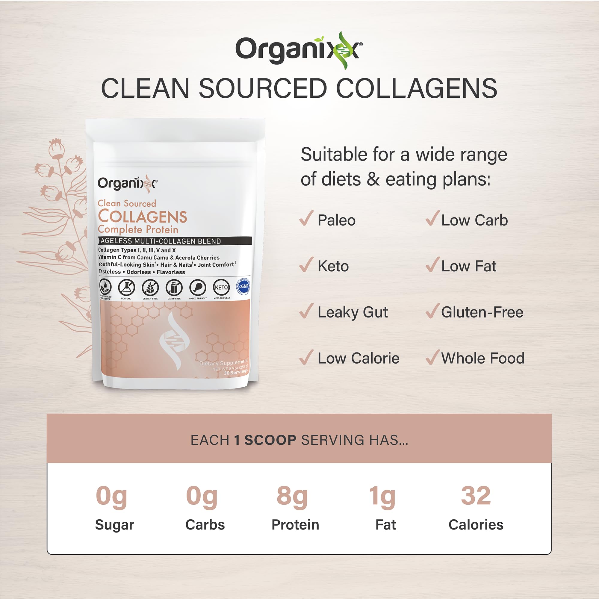 Clean sourced collagen ingredients: grass-fed beef, pollock, eggshell membrane