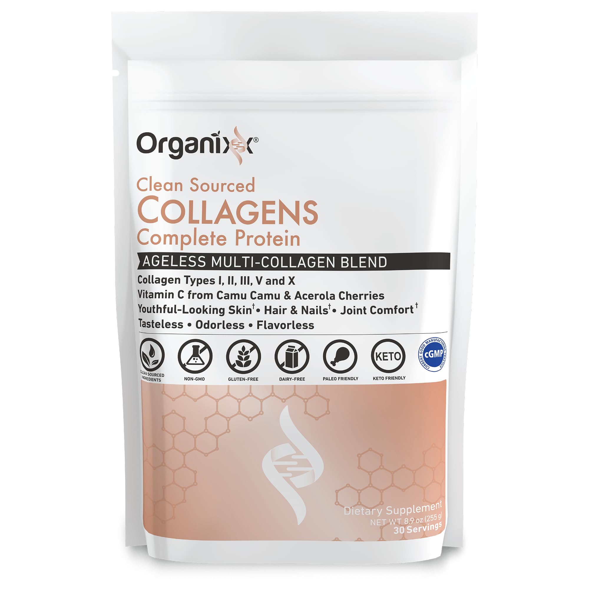 Scooping Organixx collagen powder into a beverage