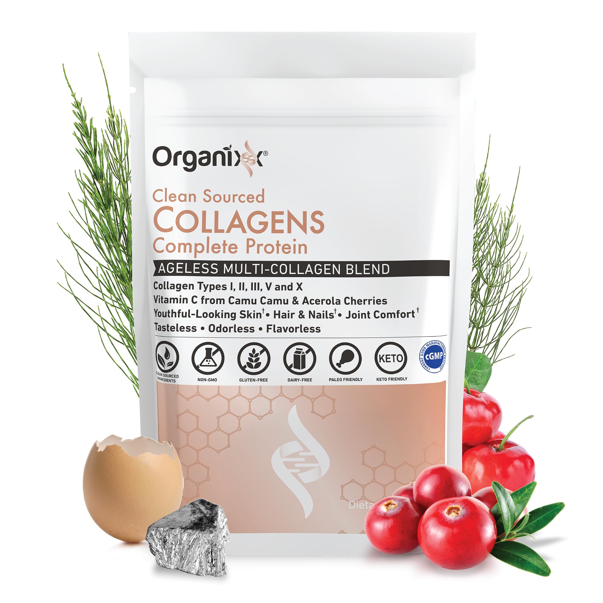 Bottle of Organixx Collagen Peptides Powder with Vitamin C, unflavored, 30 servings