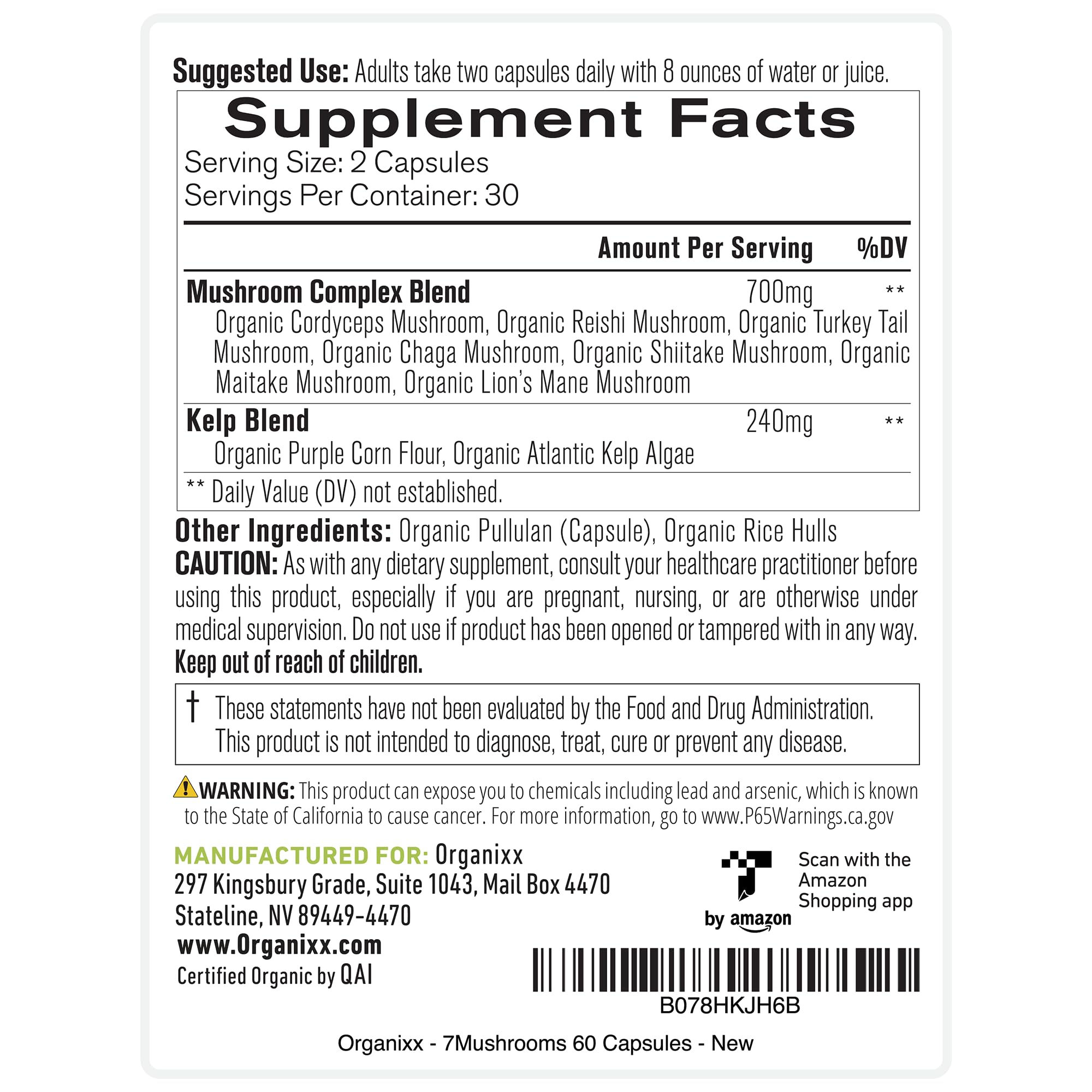 Organixx organic mushroom supplement bottle and packaging label