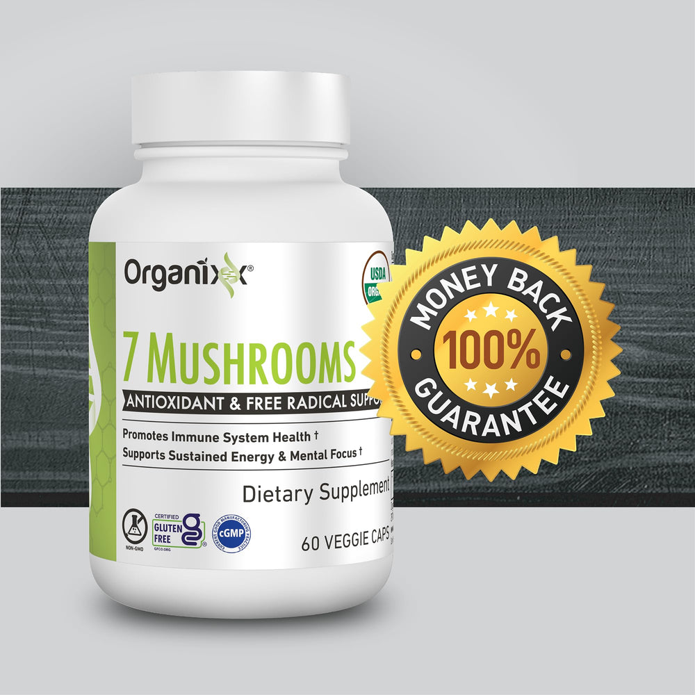 USDA Organic mushrooms and clean ingredients text on Organixx label