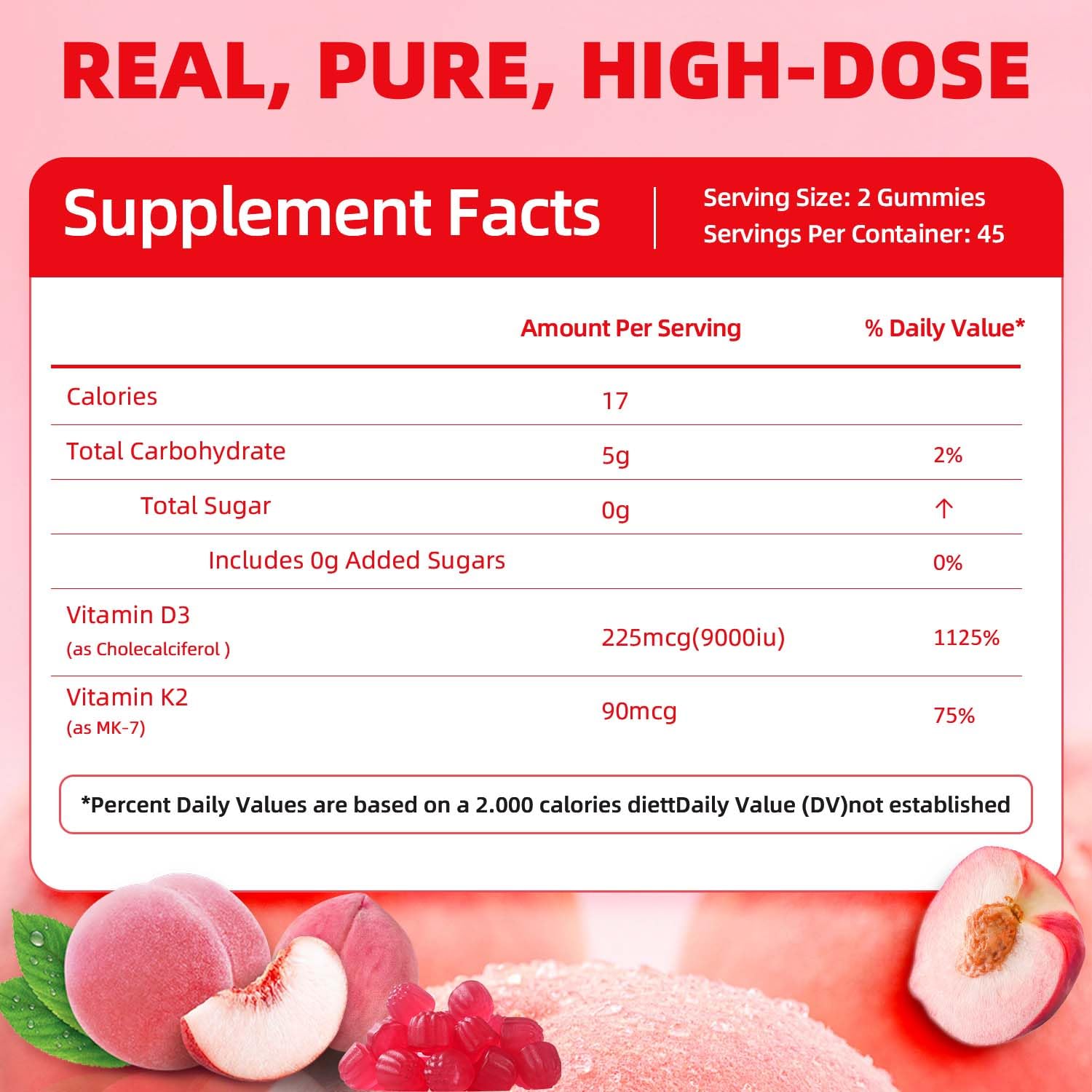 ORGMO Vitamin D3 K2 Gummies Peach flavor label with 9000 IU information