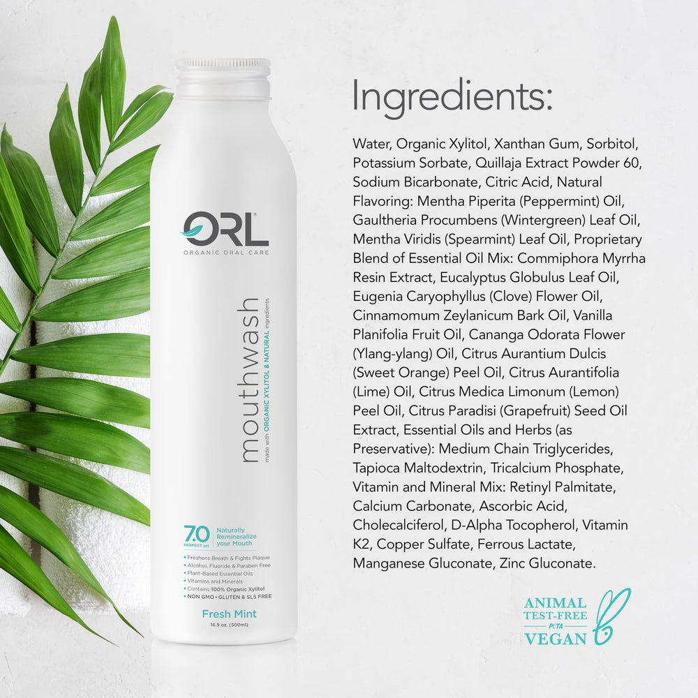 Cruelty-free and vegan badge on ORL mouthwash packaging.
