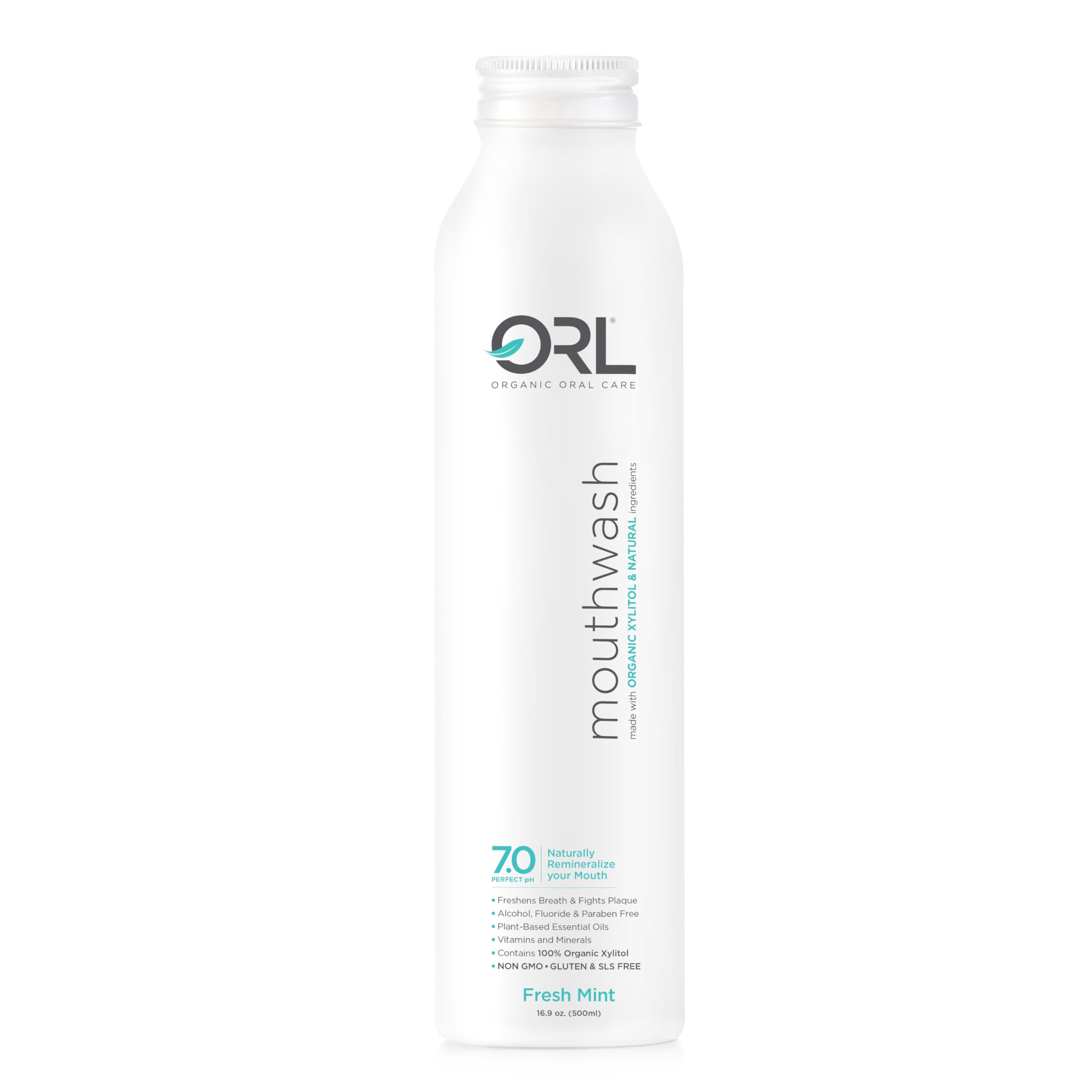Front view of ORL natural alcohol-free mouthwash bottle with 7.0 pH balance (16.9 oz).