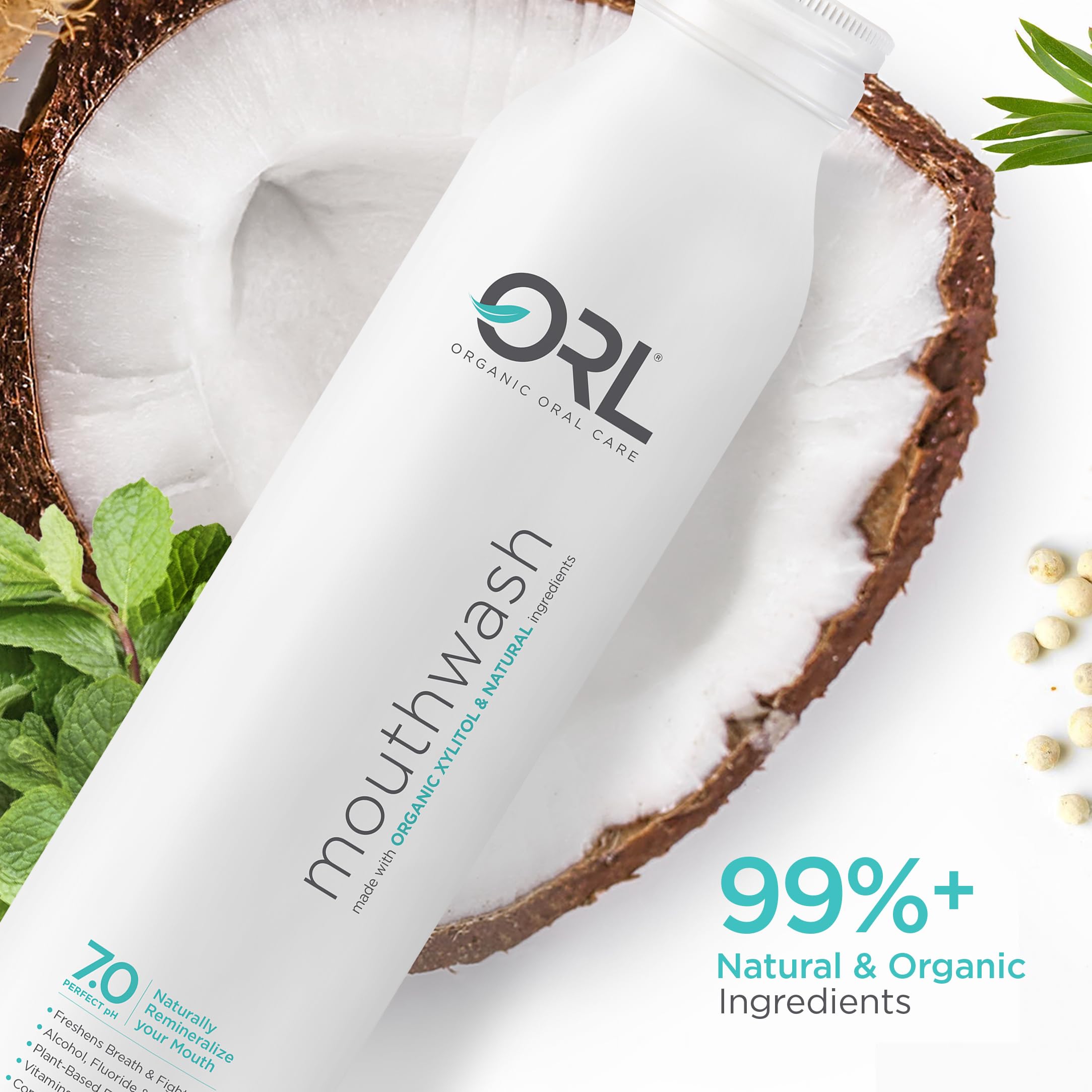 Side view of ORL mouthwash bottle showing aluminum eco-friendly packaging.