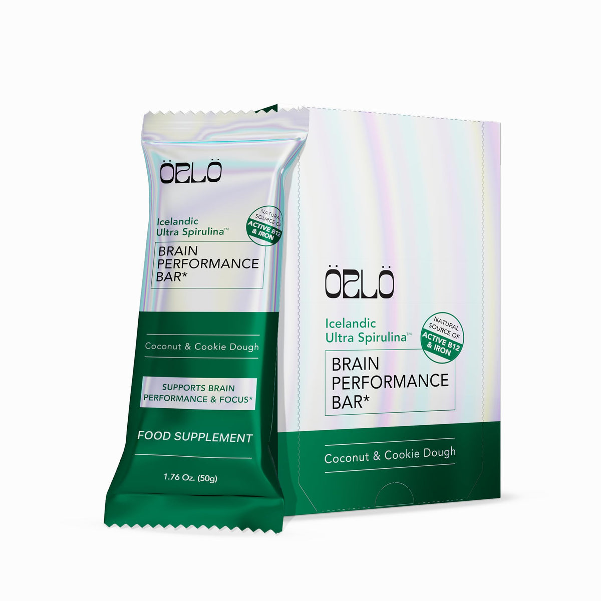 Orlo Brain Performance Bar packaging highlighting vegan energy and focus support.