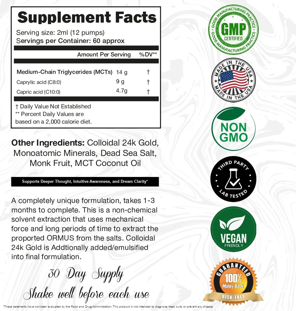 4oz bottle of Ormus Gold Oil Monoatomic close-up