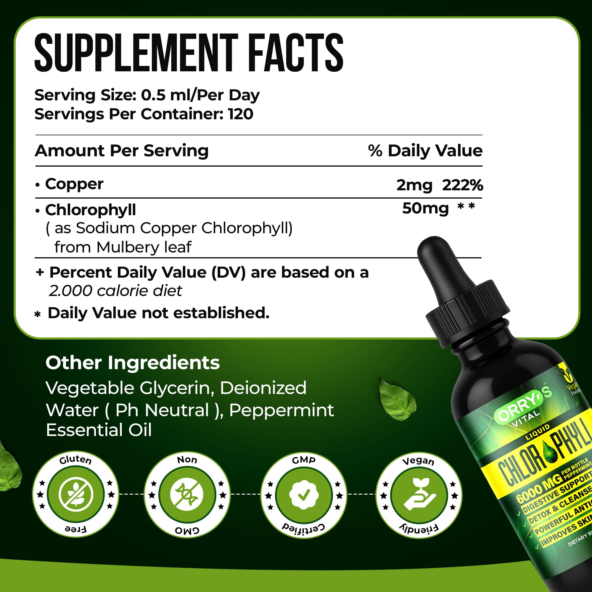 Mint-flavored chlorophyll liquid drops bottle label