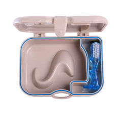 Side view of portable denture storage container