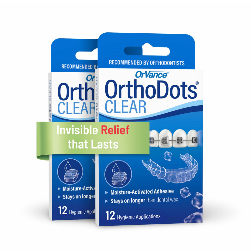 OrthoDots Clear showing 24-hour protection on braces