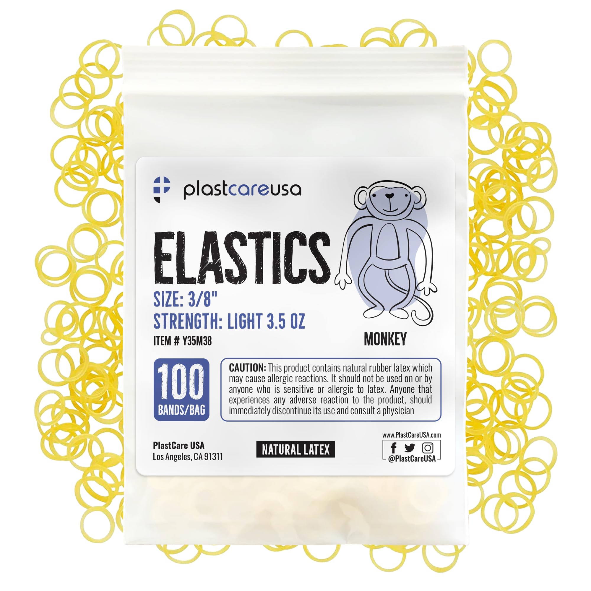 Set of 1000 orthodontic latex elastic bands in yellow, 10 bags of 100 each, for braces