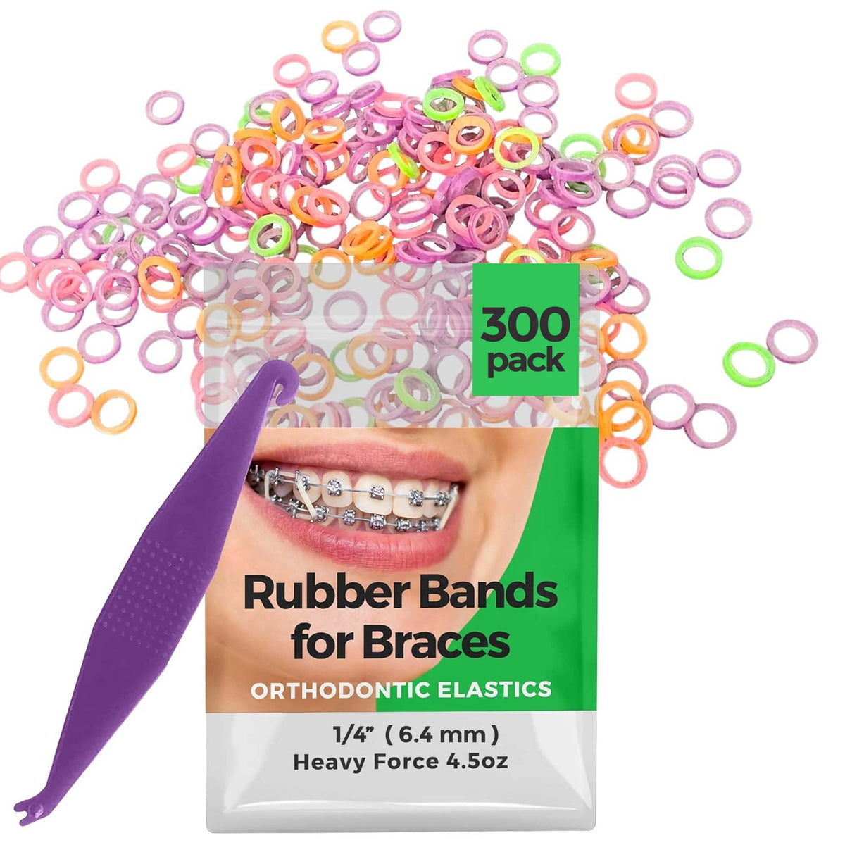 Neon orthodontic rubber bands for braces in 1/4 inch size with heavy-force 4.5 oz