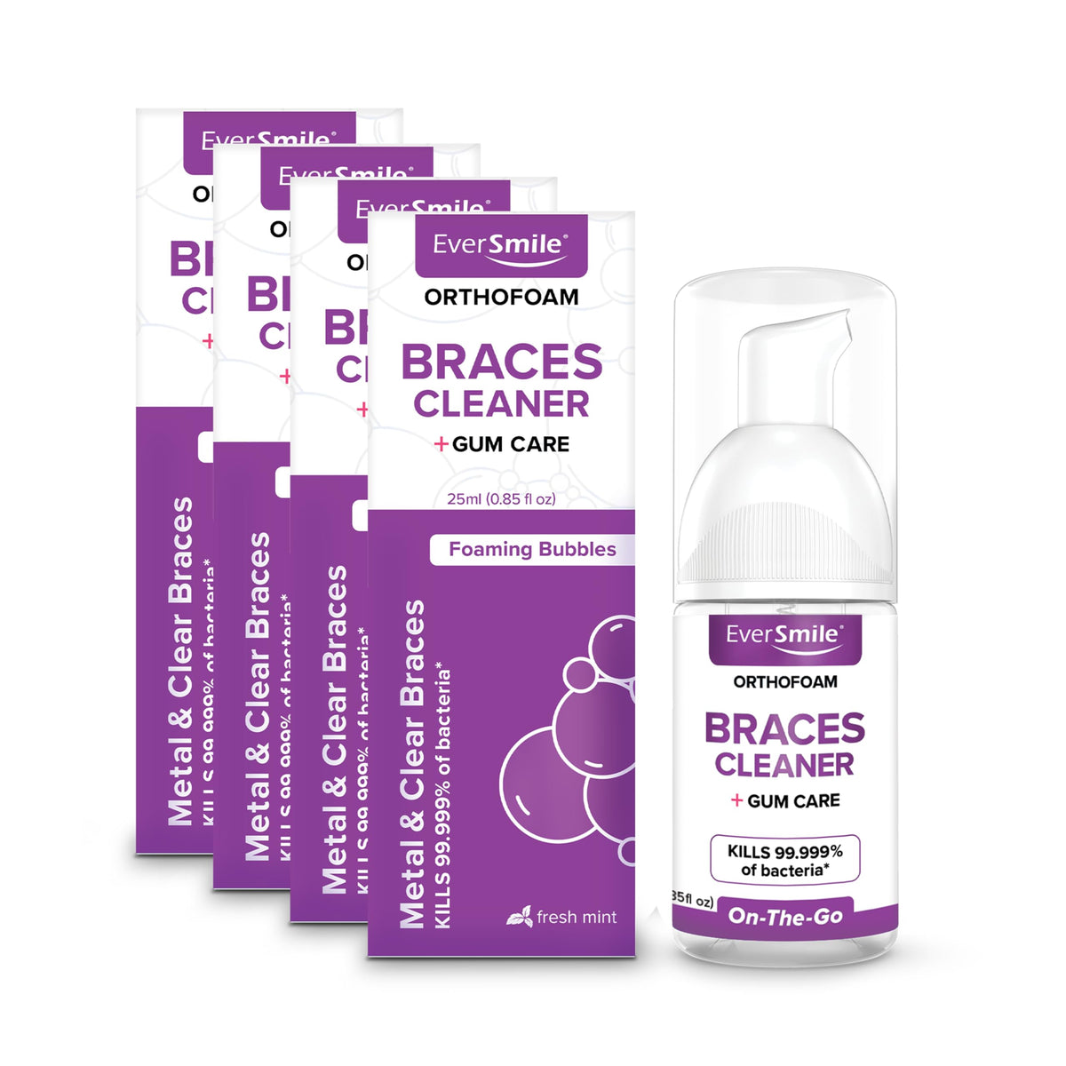 OrthoFoam Braces Cleaner travel-size bottle showing 25ml capacity