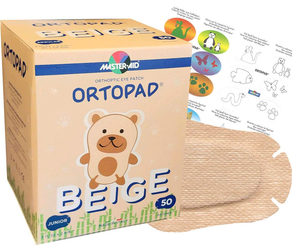Ortopad Bamboo Beige Eye Patches Junior Size packaging with 50 patches per box for ages 0-2