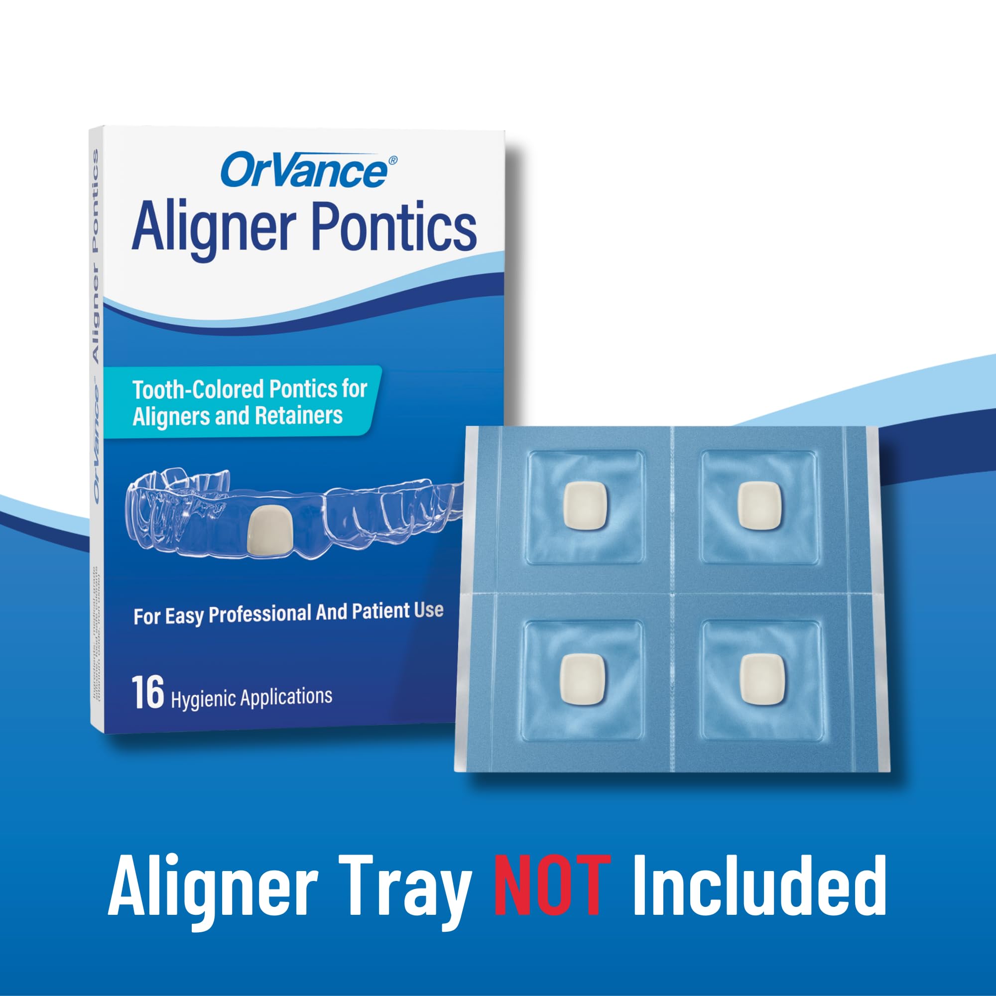 Product photography of OrVance Aligner Pontics 96 count box and components