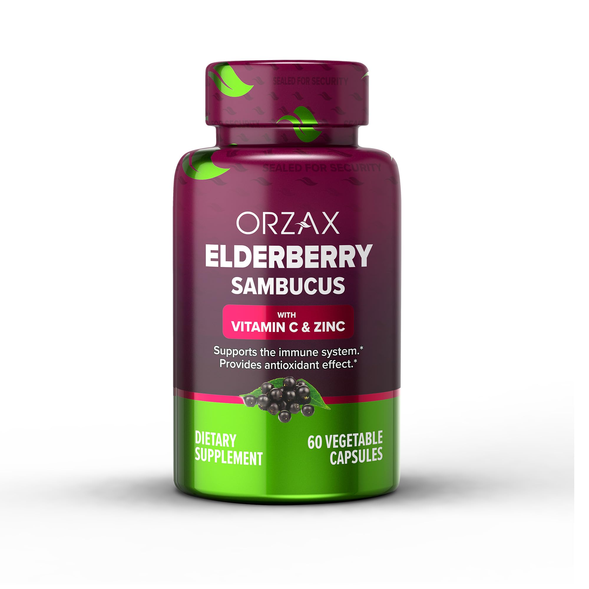 Front label of ORZAX Elderberry Capsules bottle