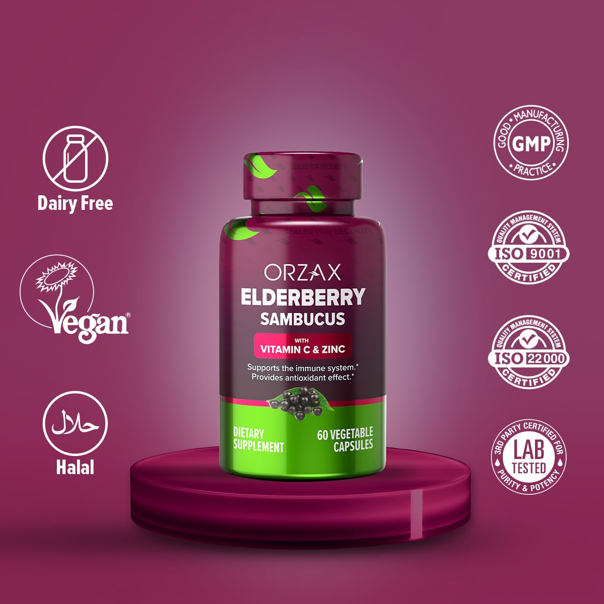 Nutrition facts panel for ORZAX Elderberry Capsules