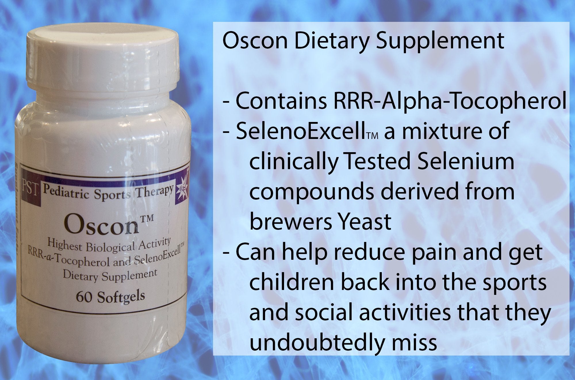 Close-up of Oscon label displaying RRR-a-tocopherol and selenium