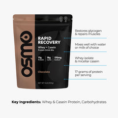 Osmo Rapid Recovery chocolate serving glass shows a creamy post-workout recovery drink