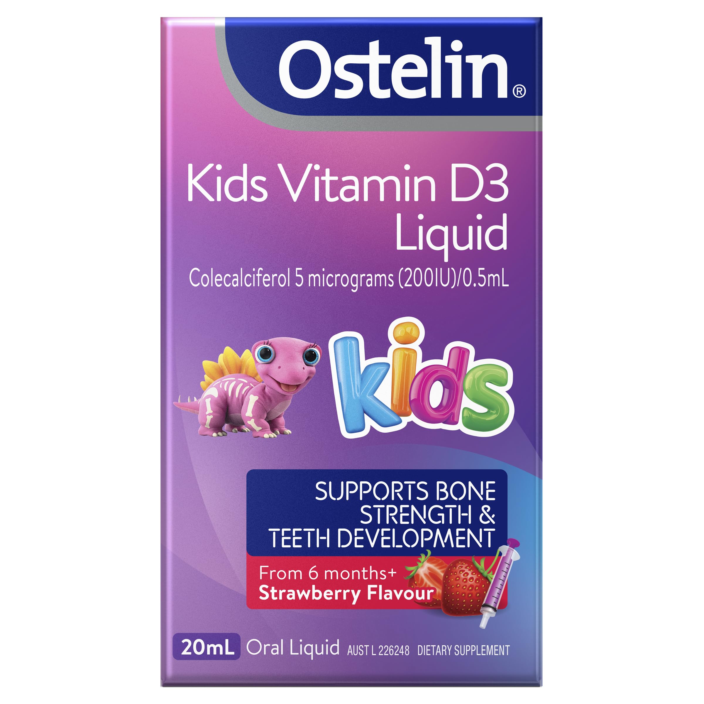 Ostelin Kids Vitamin D Liquid 20ml bottle with strawberry flavour label