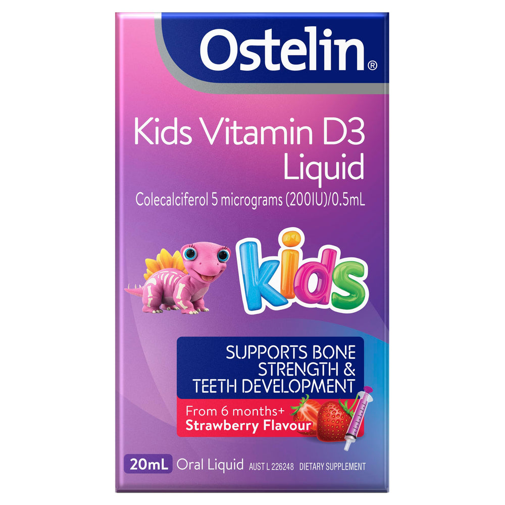 Ostelin Kids Vitamin D Liquid 20ml bottle with strawberry flavour label