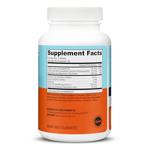 Close-up of Osteo Awesome ingredients: Calcium, D3, Magnesium, Boron, Silicon, Strontium, Vitamin K2 and Melatonin