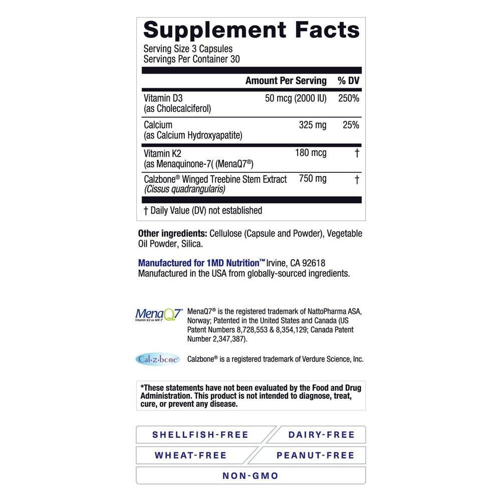 Illustration of OsteoMD ingredients: calcium hydroxyapatite, vitamin D3 and K2