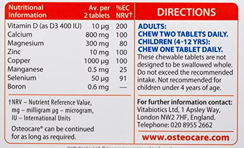 Nutrition information for Osteocare Chewable 30 tablets
