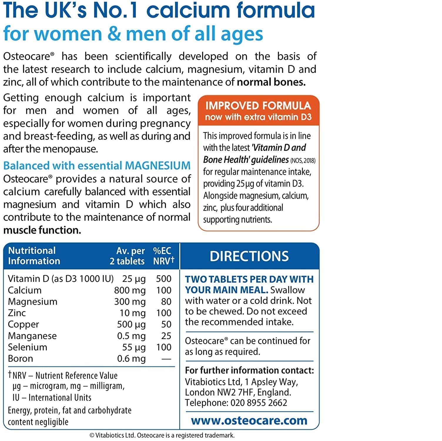 Osteocare tablets 90-count bottle showing nutritional information