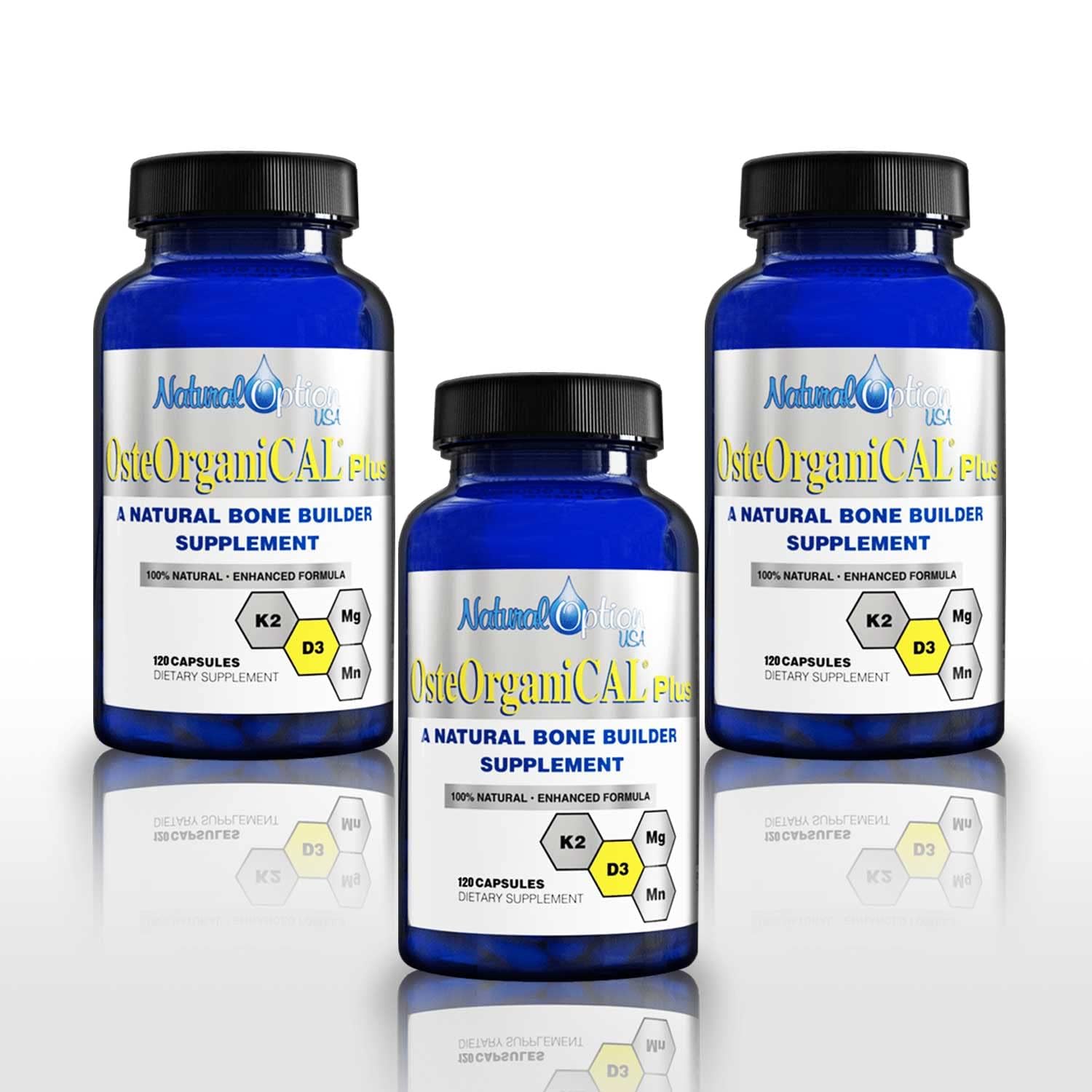 OsteOrganical Plus bottle with Vitamin D3, K2, Magnesium Glycinate and Manganese