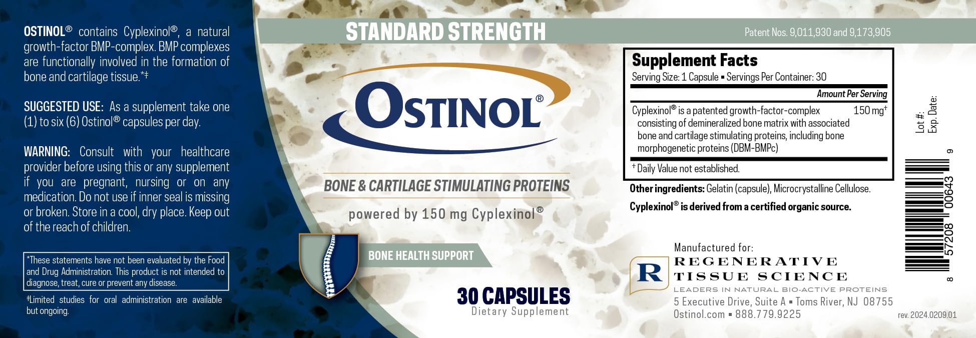 Six Ostinol capsules displayed to represent a 30-count bottle