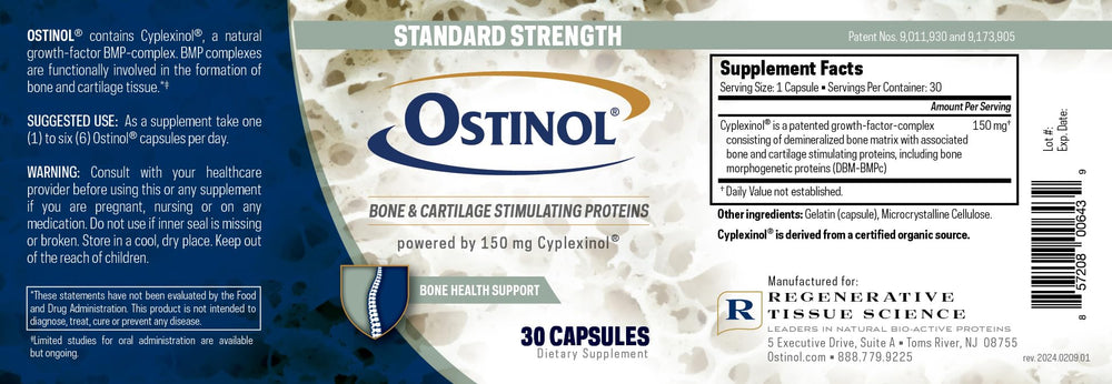 Six Ostinol capsules displayed to represent a 30-count bottle