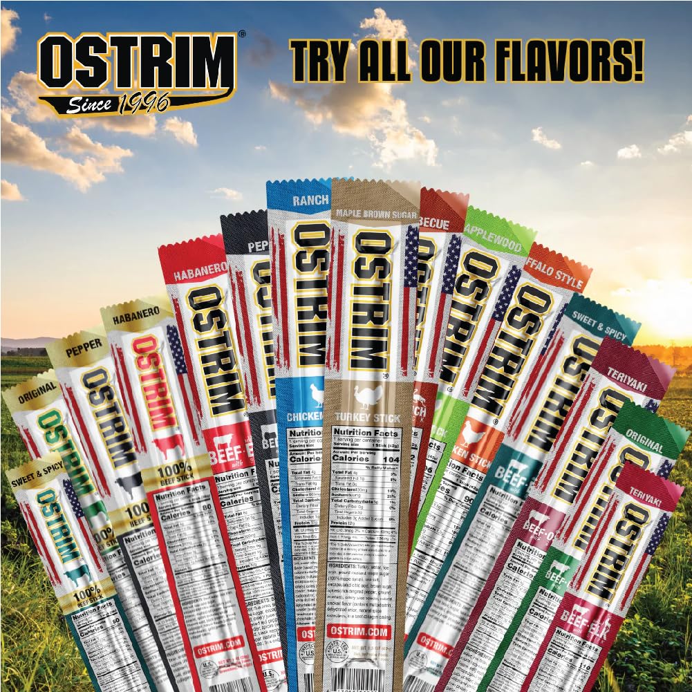 Ostrim Original snack-table setup with multiple sticks ready to sample.