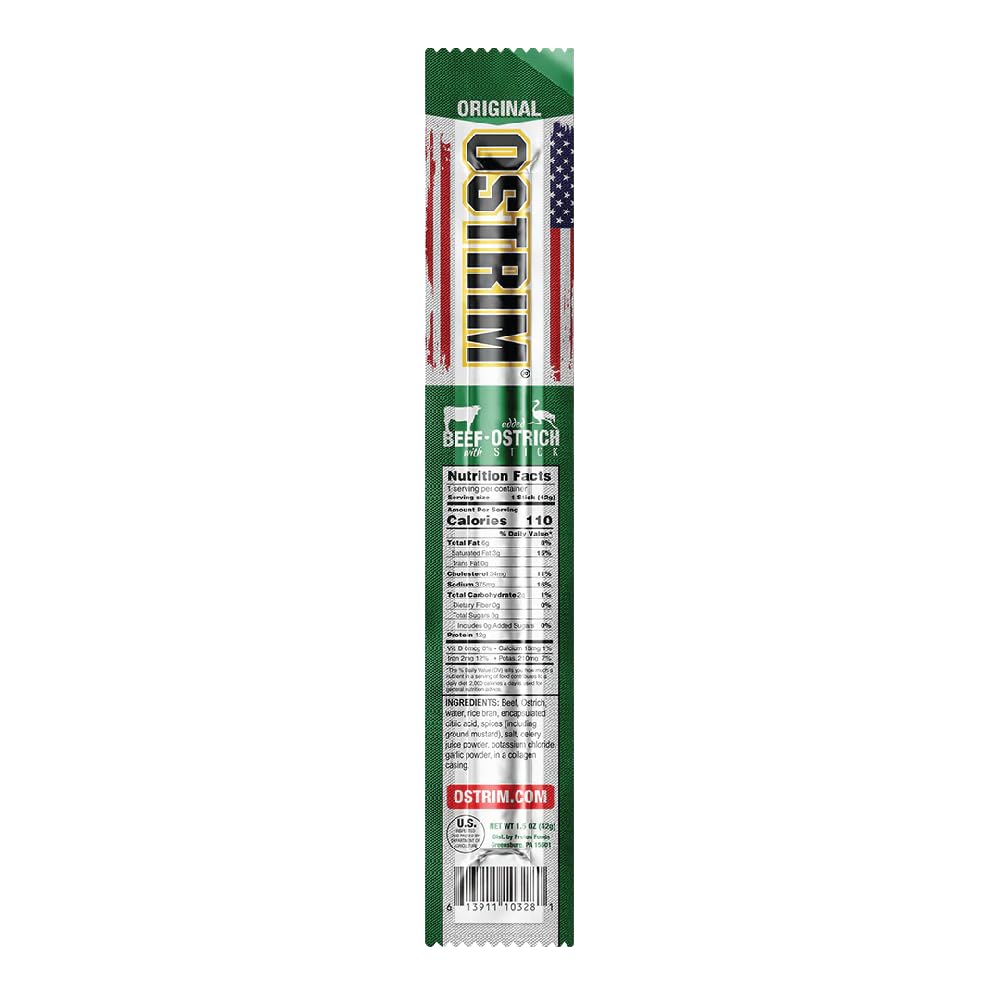 Ostrim Original stick in hand emphasizing portable protein snack for workouts.