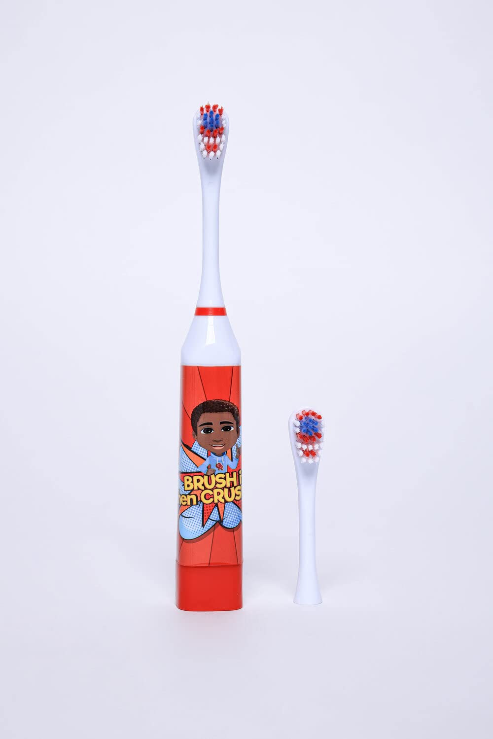 Front view of OUR REFLECTIONS kids battery-powered toothbrush in red