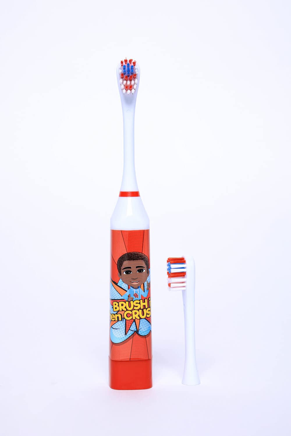 Side view of OUR REFLECTIONS kid's toothbrush showing compact handle in red