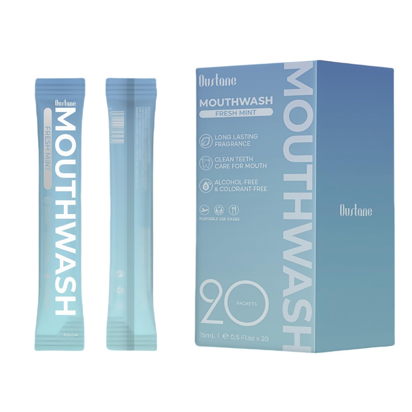 Product shot: Oustane travel-size fresh mint mouthwash 15ml packet